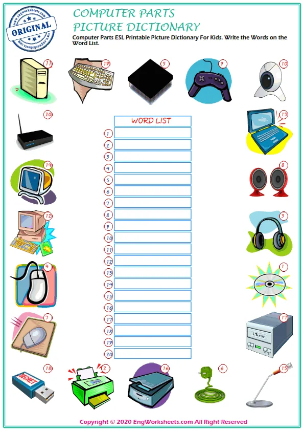 Computer Parts ESL Printable Picture Dictionary For Kids. Write the Words on the Word List.