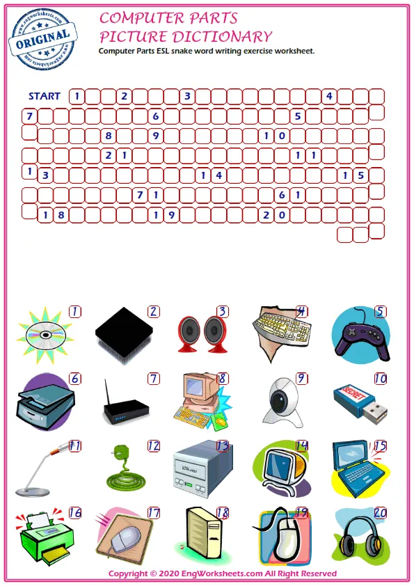 Computer Parts ESL snake word writing exercise worksheet.
