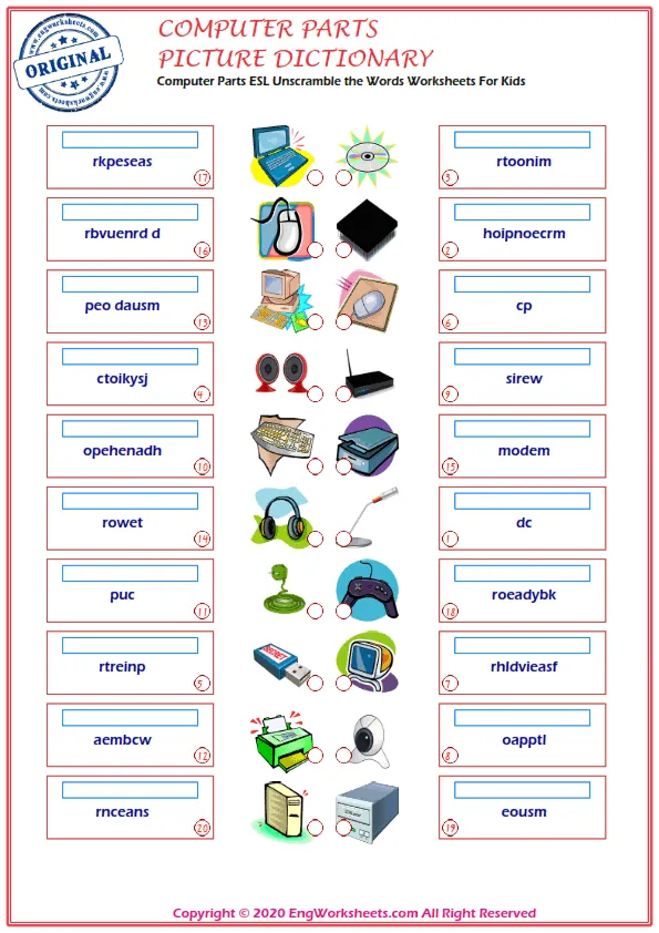Computer Parts ESL Unscramble the Words Worksheets For Kids