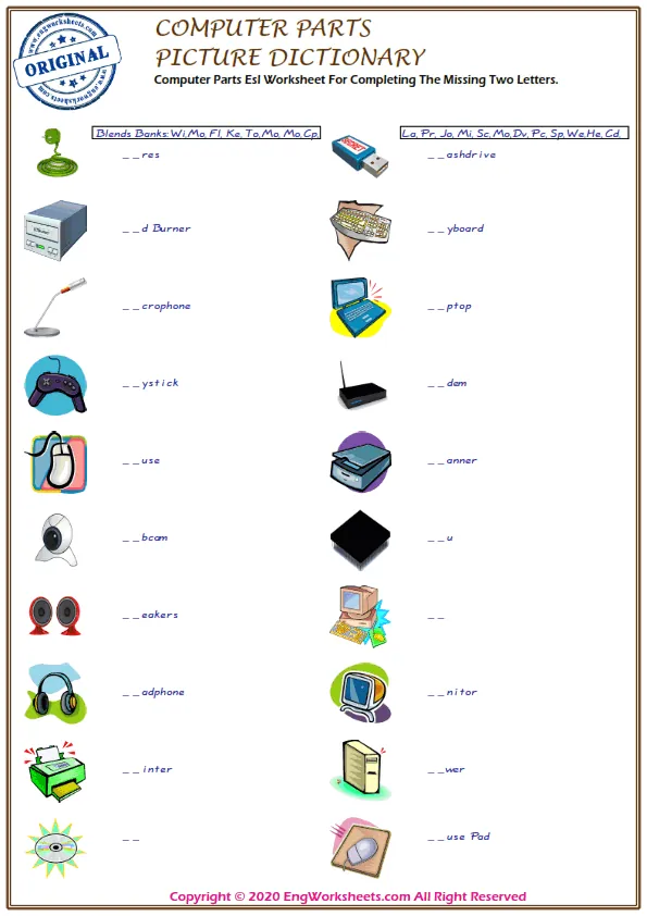 Computer Parts Online Exercises Write the correct letter to complete the word