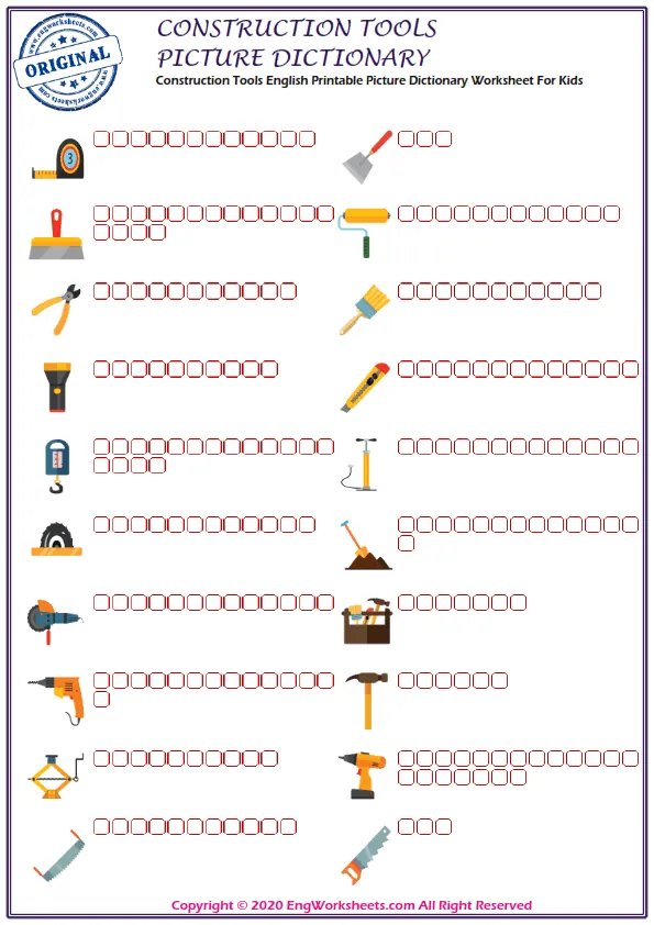 Construction Tools English Printable Picture Dictionary Worksheet For Kids