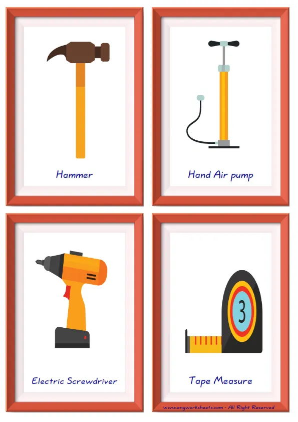 Quarter page ESL Flashcard together with words containing Construction Tools picture for kids and teachers.