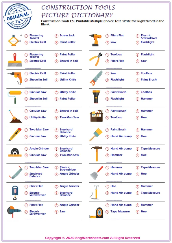 Construction Tools ESL Printable Multiple Choice Test. Write the Right Word in the Blank.