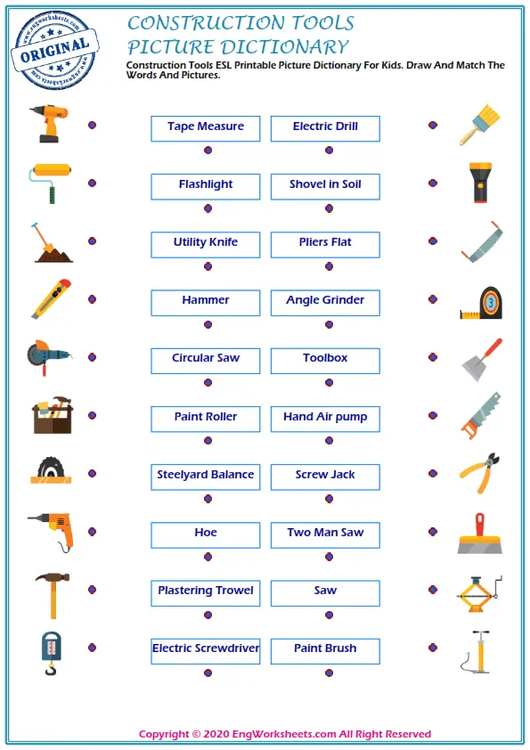 Construction Tools ESL Printable Picture Dictionary For Kids. Draw And Match The Words And Pictures.