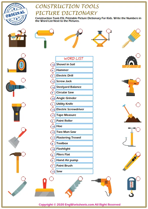 Construction Tools ESL Printable Picture Dictionary For Kids. Write the Numbers in the Word List Next to the Pictures.