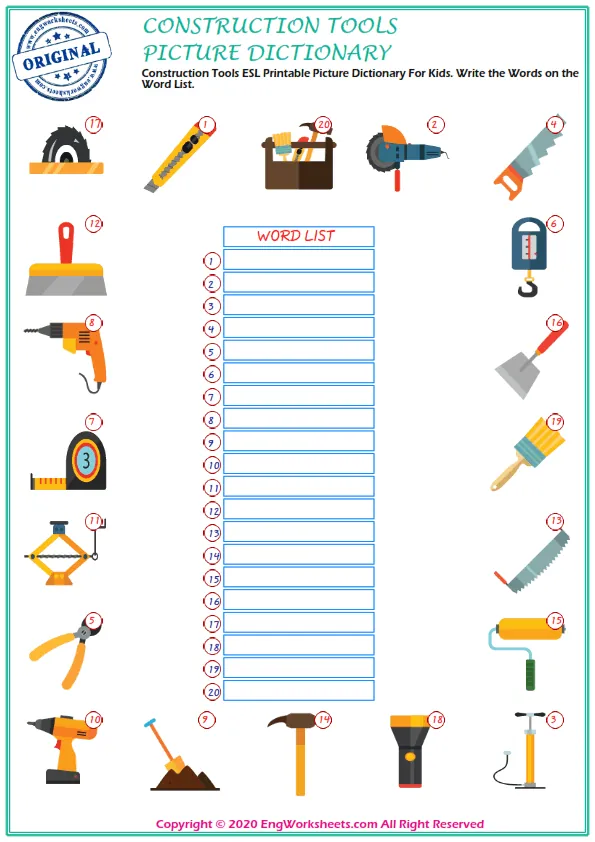 Construction Tools ESL Printable Picture Dictionary For Kids. Write the Words on the Word List.