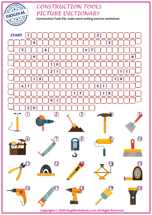 Construction Tools ESL snake word writing exercise worksheet.