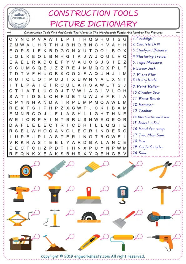 ESL wordsearch worksheets for kids, find Construction Tools words in the word wordsearch write its number on its picture English worksheet.