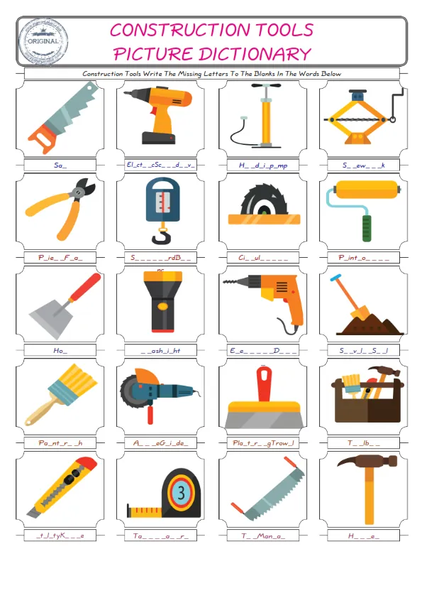 Construction Tools Words English worksheets For kids, the ESL Worksheet for finding and typing the missing letters of Construction Tools Words