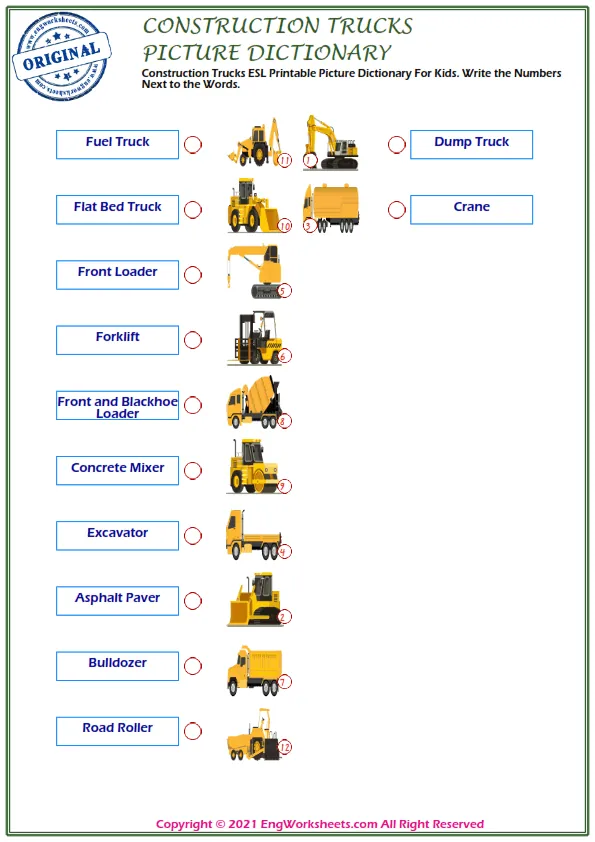 Construction Trucks ESL Printable Picture Dictionary For Kids. Write the Numbers Next to the Words.