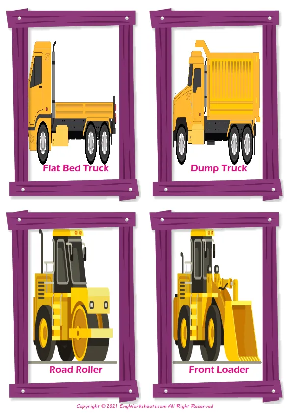 Construction Trucks vocabulary worksheet with words, four images per page