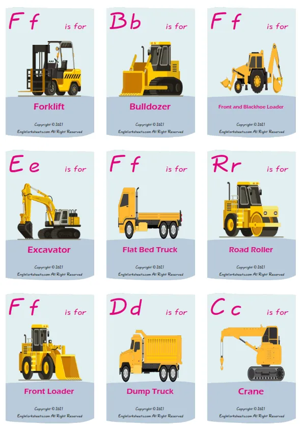 Construction Trucks vocabulary worksheet with words, nine images per page