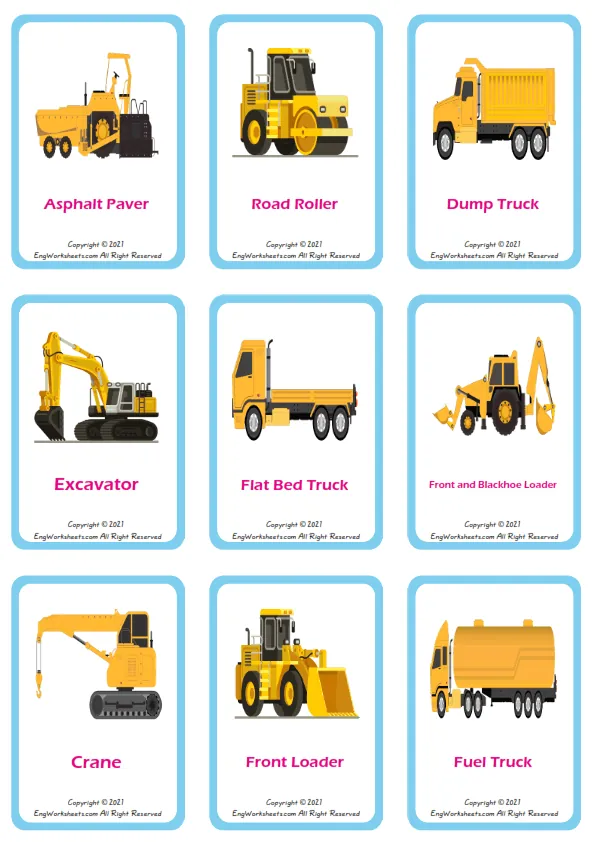 Construction Trucks vocabulary worksheet with words, nine images per page