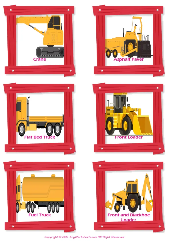 Construction Trucks vocabulary worksheet with words, six images per page