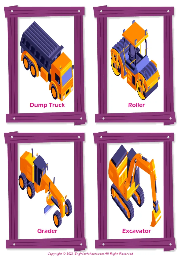 Construction Vehicles vocabulary worksheet with words, four images per page