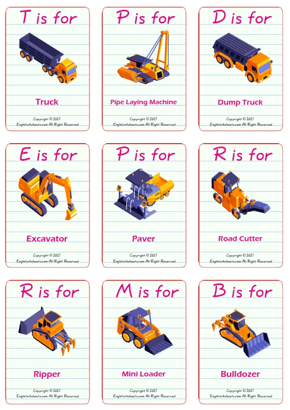 Construction Vehicles vocabulary worksheet with words, nine images per page