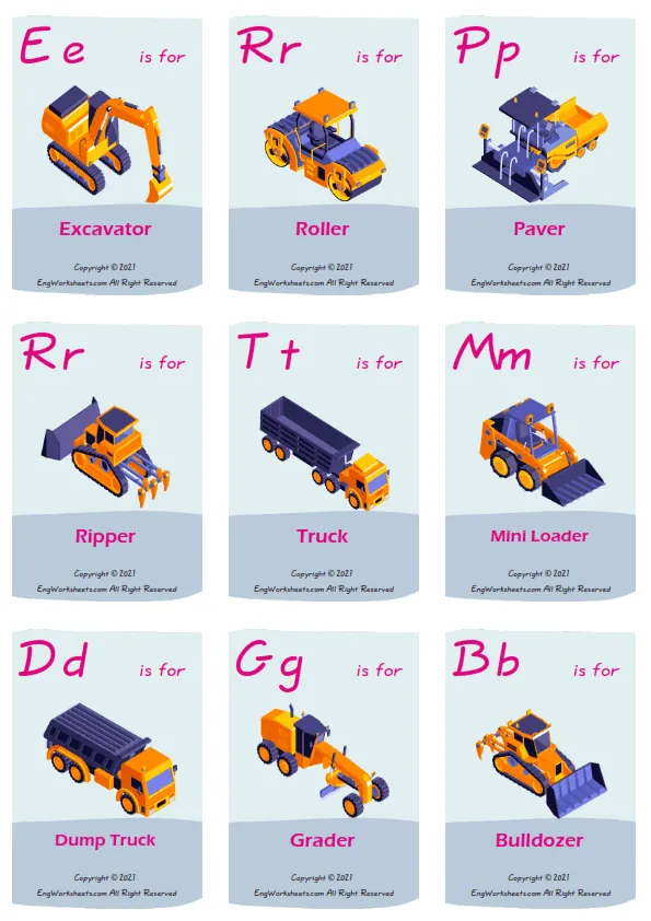 Construction Vehicles vocabulary worksheet with words, nine images per page