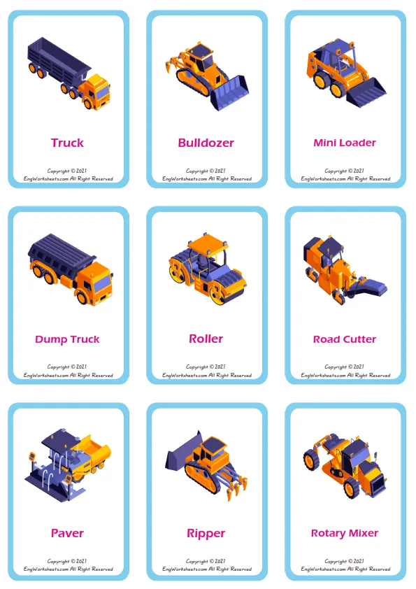 Construction Vehicles vocabulary worksheet with words, nine images per page