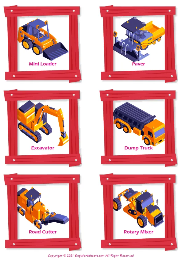 Construction Vehicles vocabulary worksheet with words, six images per page