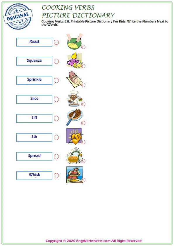 Cooking Verbs ESL Printable Picture Dictionary For Kids. Write the Numbers Next to the Words.