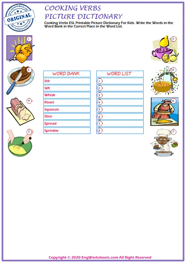 Cooking Verbs ESL Printable Picture Dictionary For Kids. Write the Words in the Word Bank in the Correct Place in the Word List.