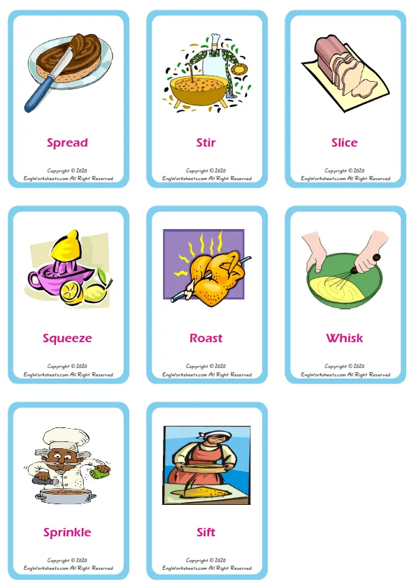 Cooking Verbs vocabulary worksheet with words, nine images per page