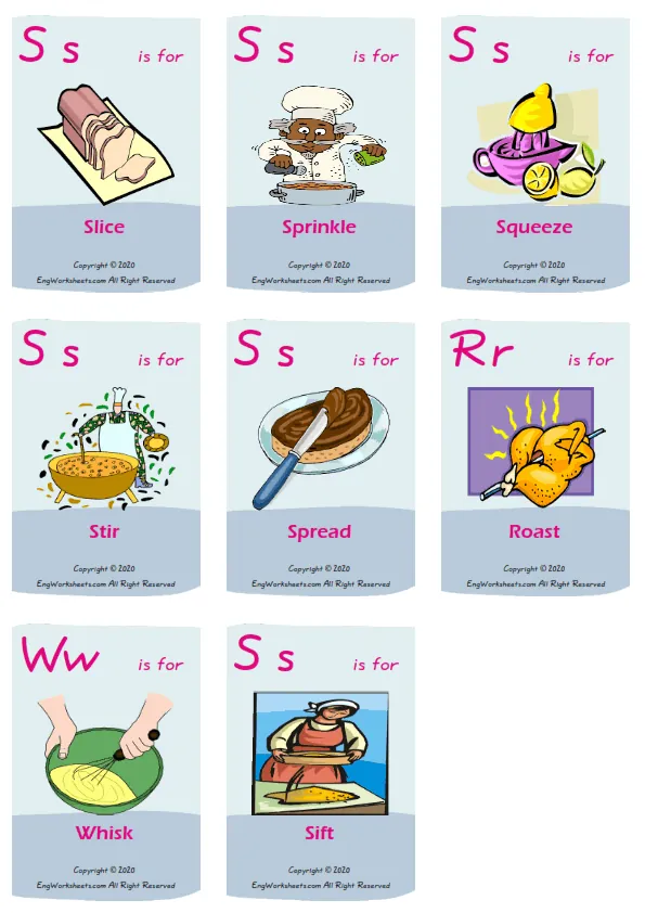 Cooking Verbs vocabulary worksheet with words, nine images per page