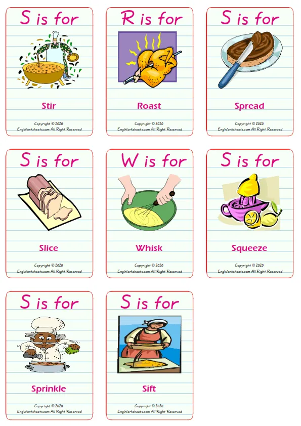 Cooking Verbs vocabulary worksheet with words, nine images per page