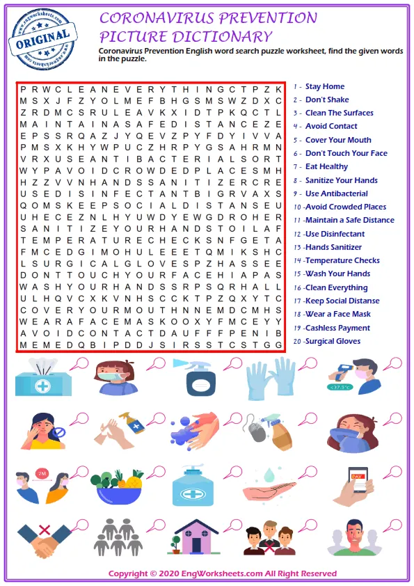 Coronavirus Prevention vocabulary worksheet with words, four images per page