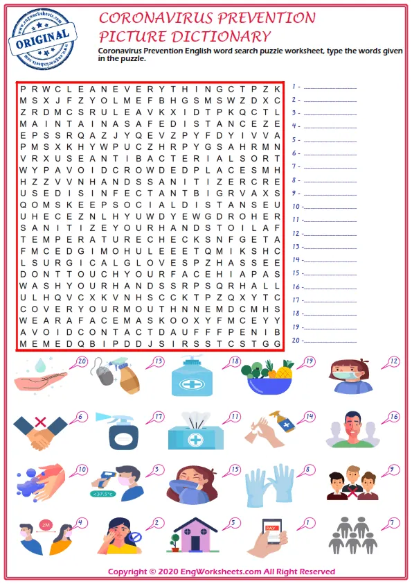 Wordless Coronavirus Prevention vocabulary worksheet with six images per page