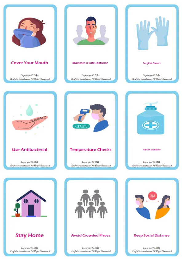 Coronavirus Prevention vocabulary worksheet with words, nine images per page