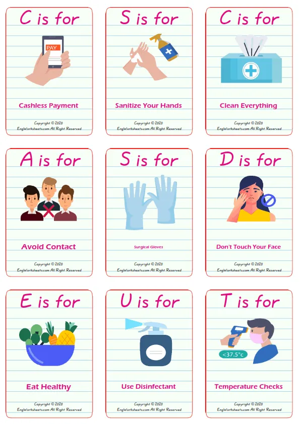 Coronavirus Prevention vocabulary worksheet with words, six images per page
