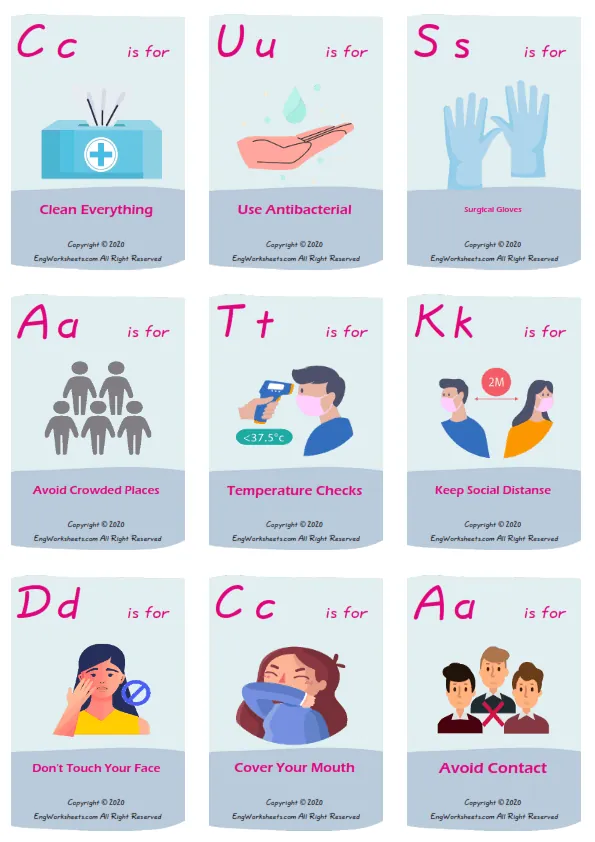 Coronavirus Prevention vocabulary worksheet with words, nine images per page
