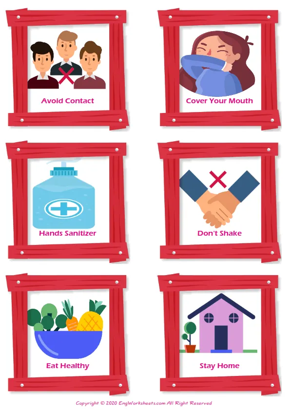 Coronavirus Prevention vocabulary worksheet with words, nine images per page