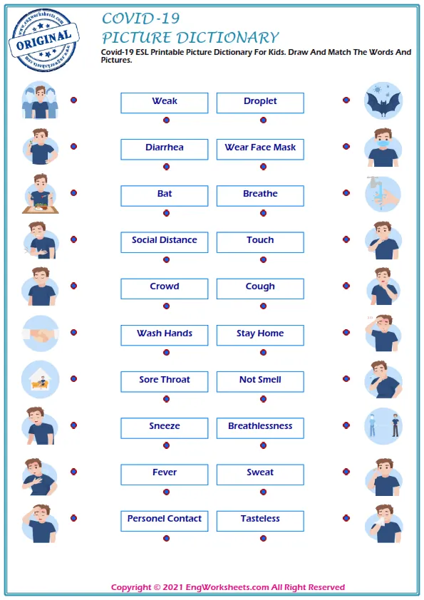 Covid-19 ESL Printable Picture Dictionary For Kids. Draw And Match The Words And Pictures.