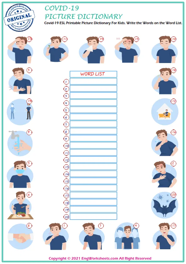 Covid-19 ESL Printable Picture Dictionary For Kids. Write the Words on the Word List.