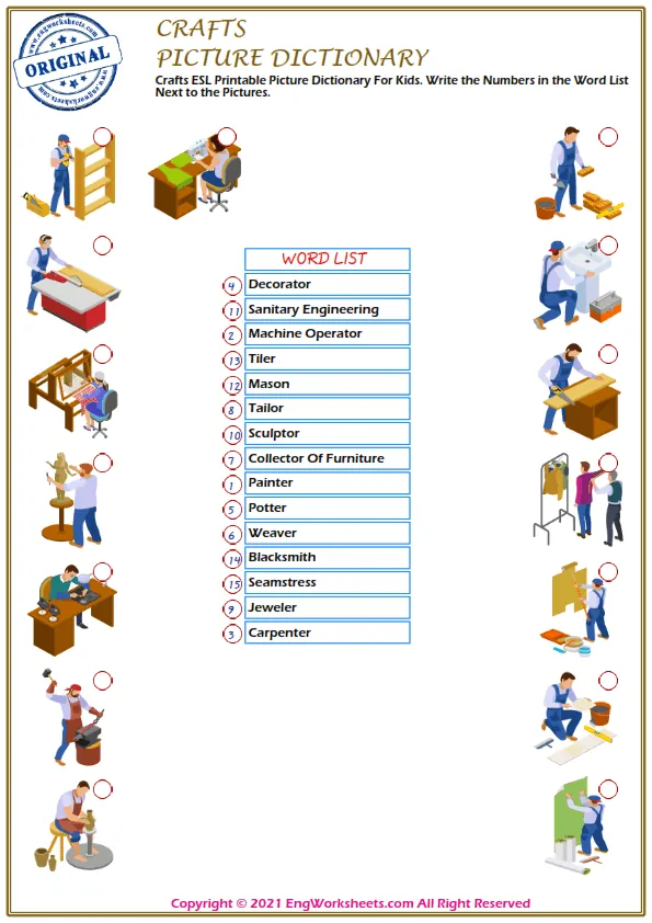 Crafts ESL Printable Picture Dictionary For Kids. Write the Numbers in the Word List Next to the Pictures.