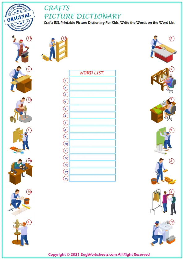 Crafts ESL Printable Picture Dictionary For Kids. Write the Words on the Word List.