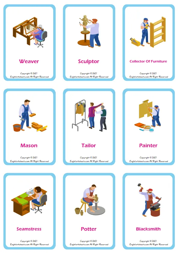 Crafts vocabulary worksheet with words, nine images per page