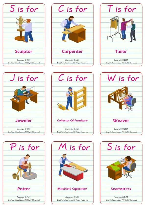 Crafts vocabulary worksheet with words, nine images per page