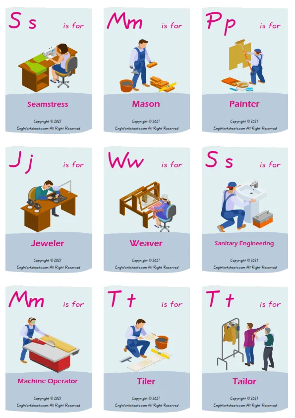 Crafts vocabulary worksheet with words, nine images per page