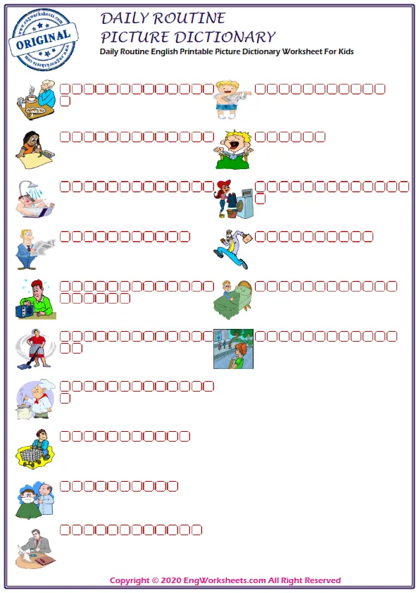 Daily Routine English Printable Picture Dictionary Worksheet For Kids