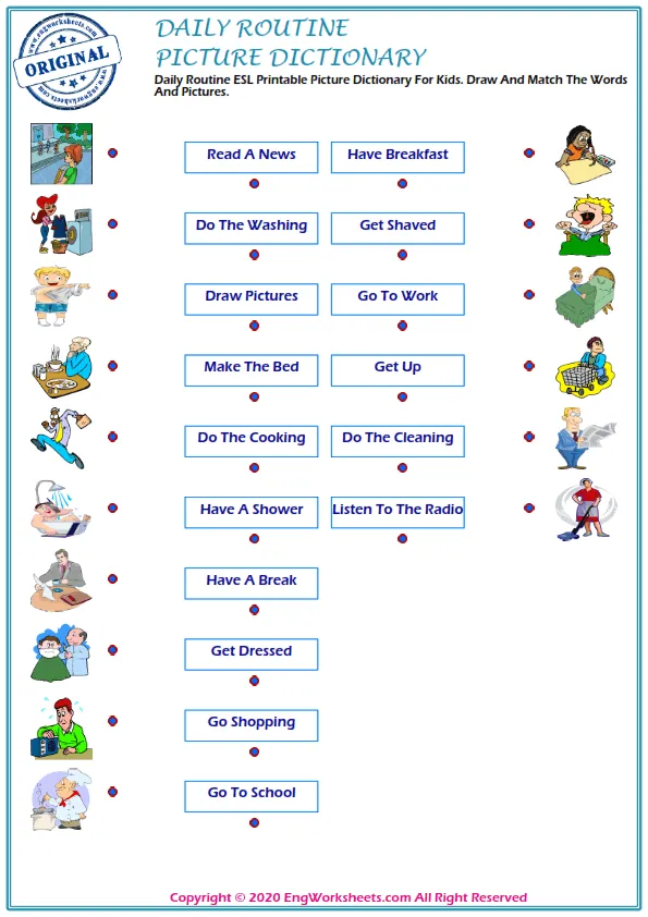 Daily Routine ESL Printable Picture Dictionary For Kids. Draw And Match The Words And Pictures.