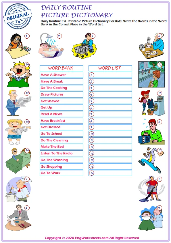 Daily Routine ESL Printable Picture Dictionary For Kids. Write the Words in the Word Bank in the Correct Place in the Word List.