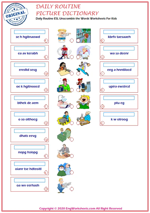 Daily Routine ESL Unscramble the Words Worksheets For Kids