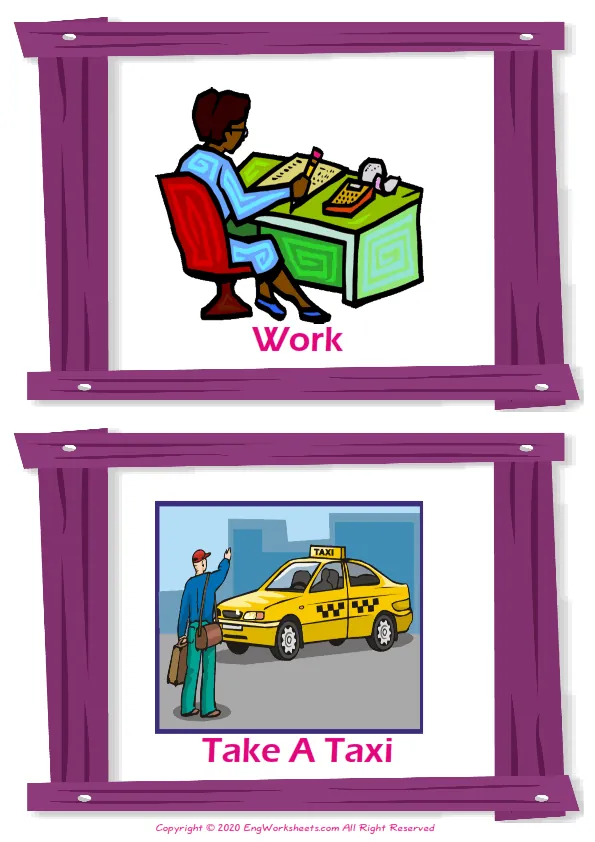 Daily Routine vocabulary worksheet with words, two images per page