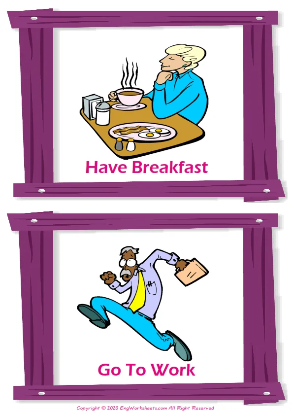 Daily Routine vocabulary worksheet with words, two images per page
