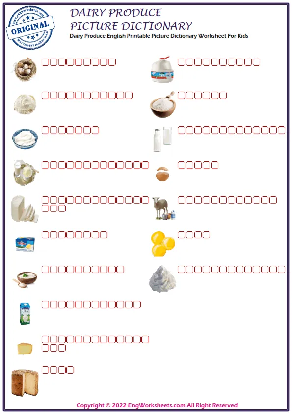 Dairy Produce English Printable Picture Dictionary Worksheet For Kids