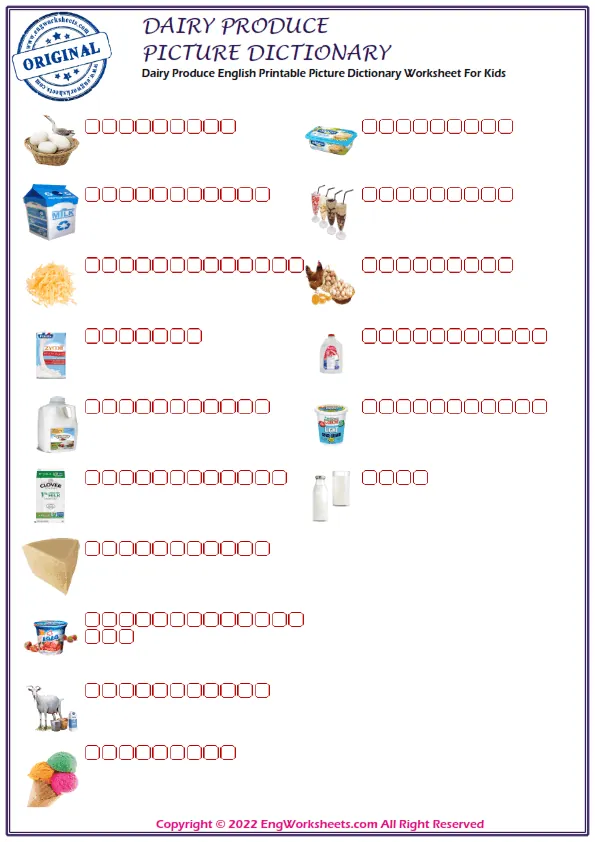 Dairy Produce English Printable Picture Dictionary Worksheet For Kids
