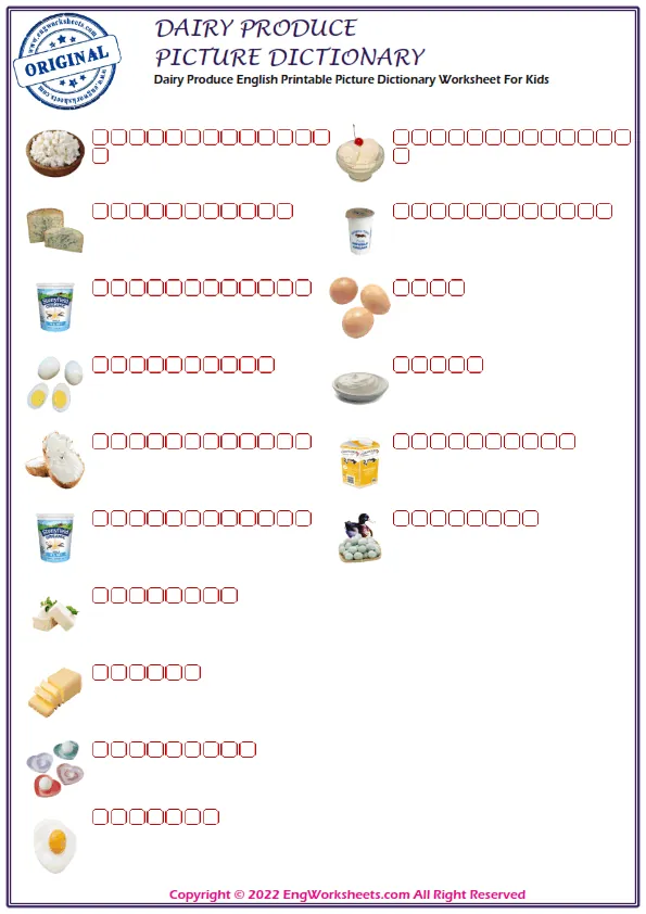 Dairy Produce English Printable Picture Dictionary Worksheet For Kids
